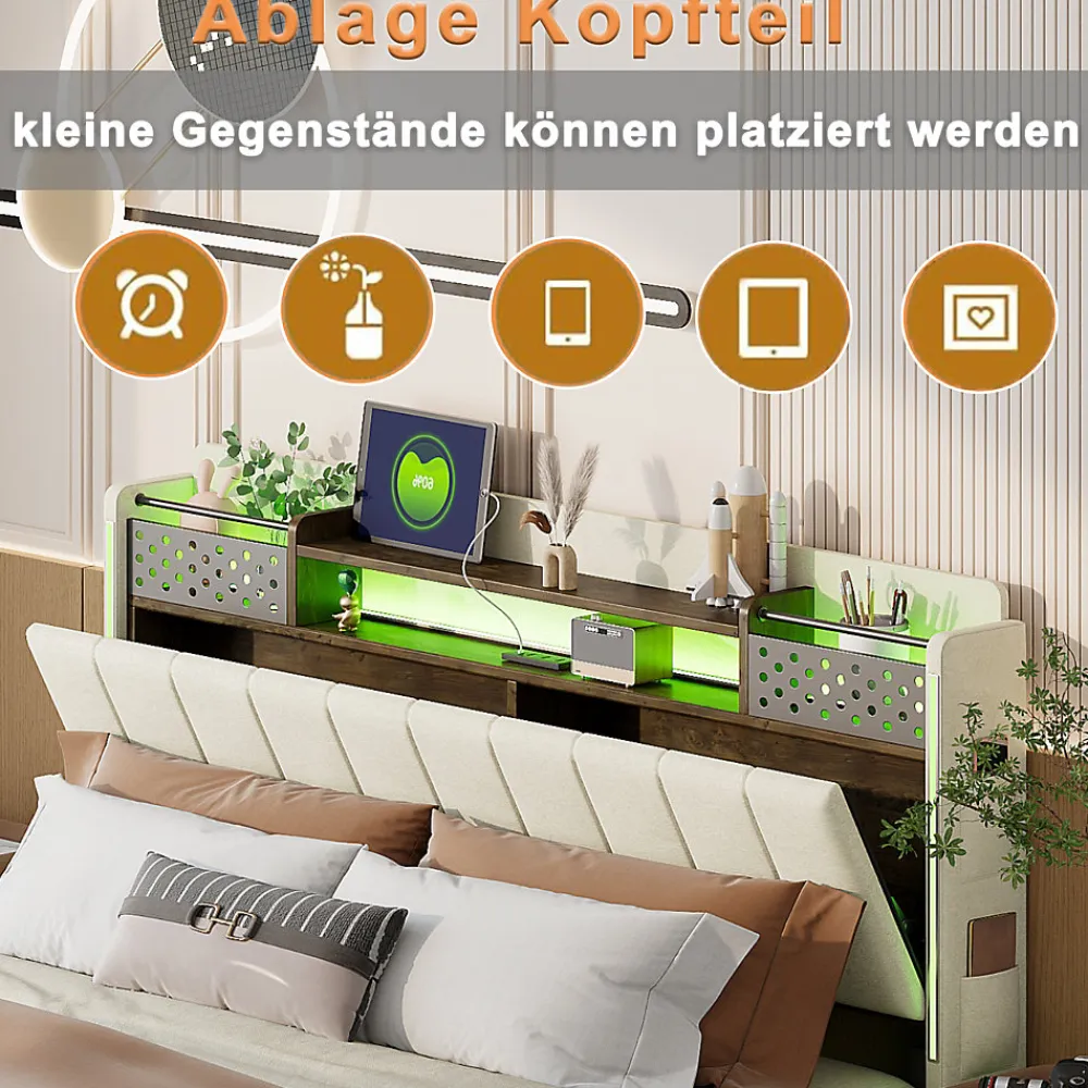 Lit avec rangement 140x200 cm - Lit double capitonné avec éclairage LED - lin + Métal - Sans matelas - Beige>Okwish Hot