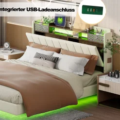 Lit avec rangement 140x200 cm - Lit double capitonné avec éclairage LED - lin + Métal - Sans matelas - Beige><noscript><img width=