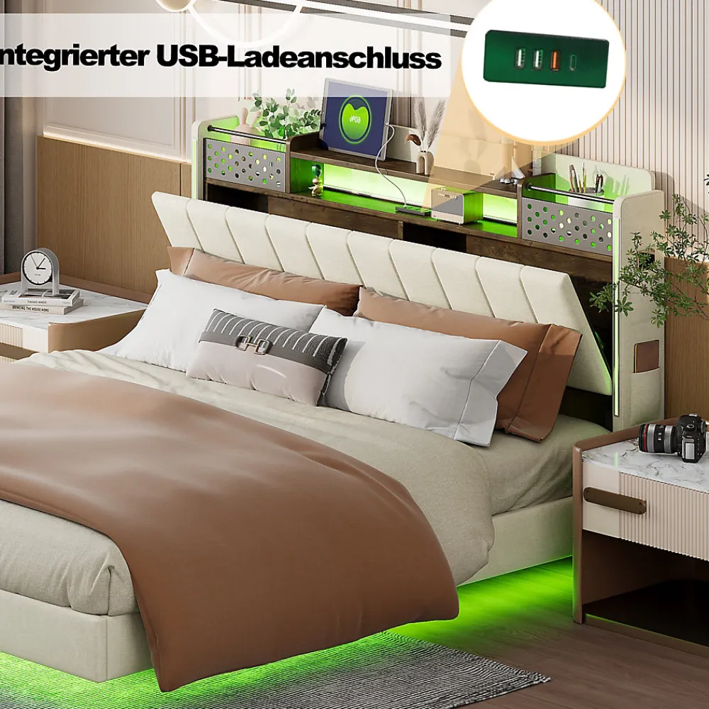 Lit avec rangement 140x200 cm - Lit double capitonné avec éclairage LED - lin + Métal - Sans matelas - Beige>Okwish Hot