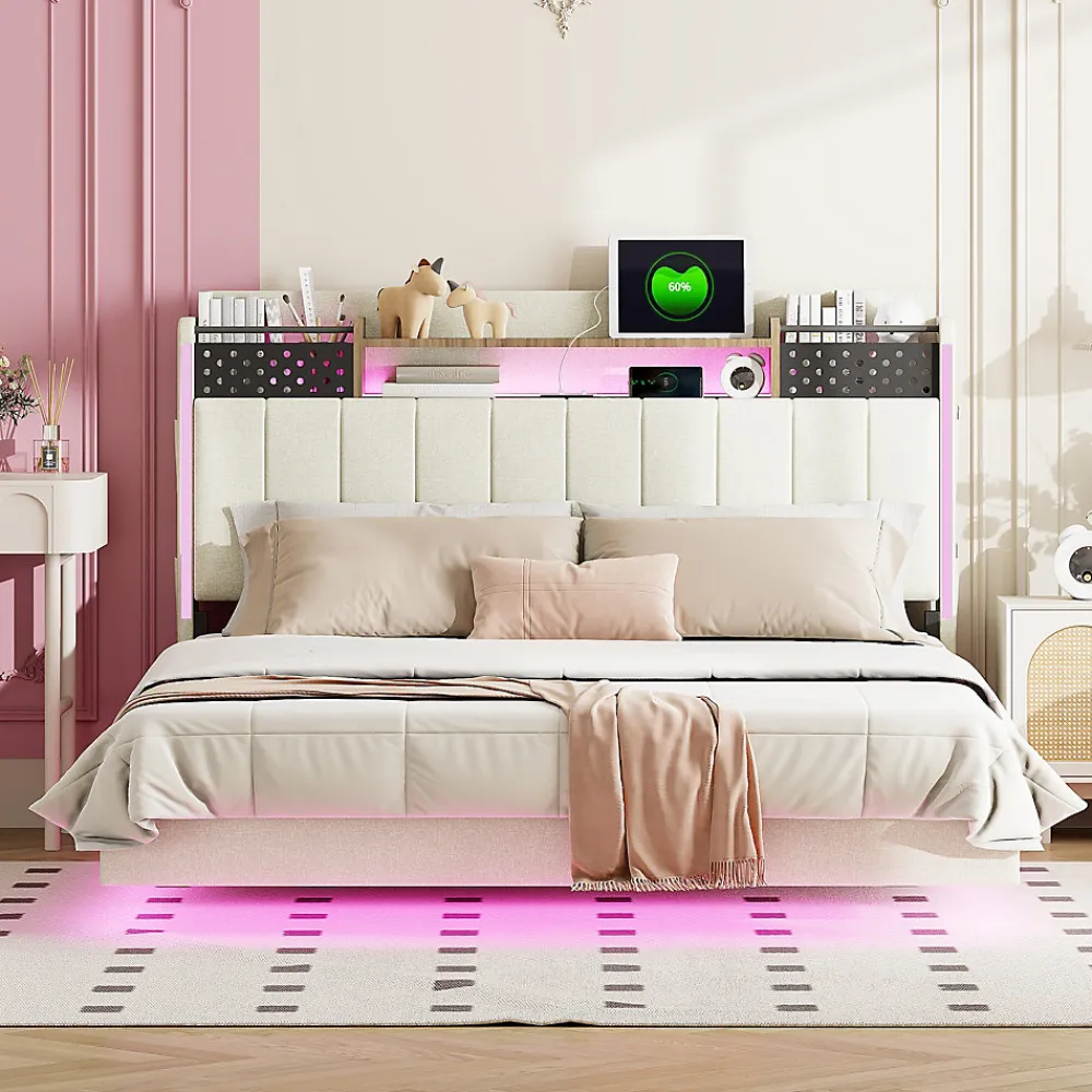 Lit avec rangement 140x200 cm - Lit double capitonné avec éclairage LED - lin + Métal - Sans matelas - Beige>Okwish Hot