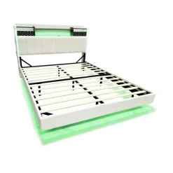 Lit avec rangement 140x200 cm - Lit double capitonné avec éclairage LED - lin + Métal - Sans matelas - Beige><noscript><img width=
