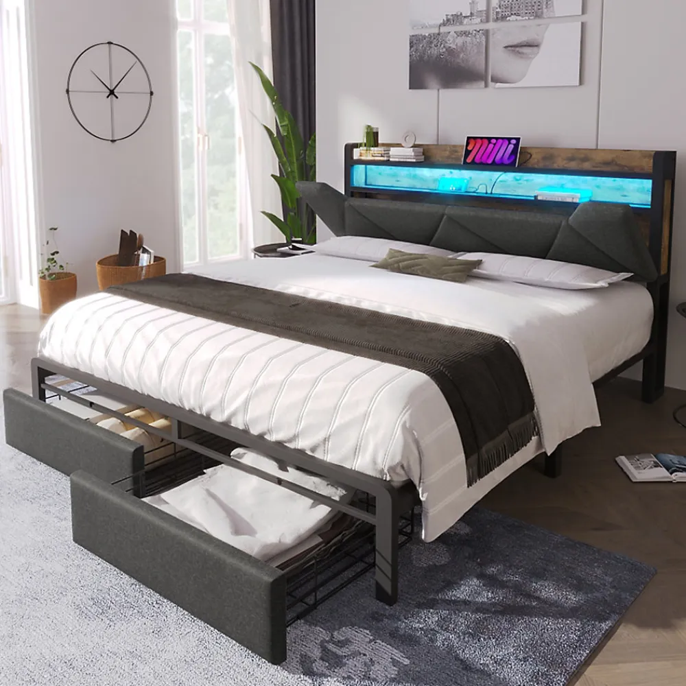 Lit avec rangement 140x200 cm - Lit double rembourré avec tiroirs et fonction de chargement USB - Lin - Sans Matelas - Gris>Okwish Best