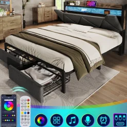 Lit avec rangement 140x200 cm - Lit double rembourré avec tiroirs et fonction de chargement USB - Lin - Sans Matelas - Gris>Okwish Best