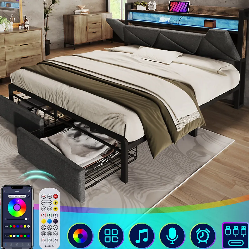 Lit avec rangement 140x200 cm - Lit double rembourré avec tiroirs et fonction de chargement USB - Lin - Sans Matelas - Gris>Okwish Best