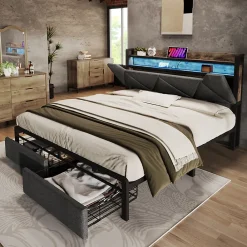 Lit avec rangement 140x200 cm - Lit double rembourré avec tiroirs et fonction de chargement USB - Lin - Sans Matelas - Gris><noscript><img width=