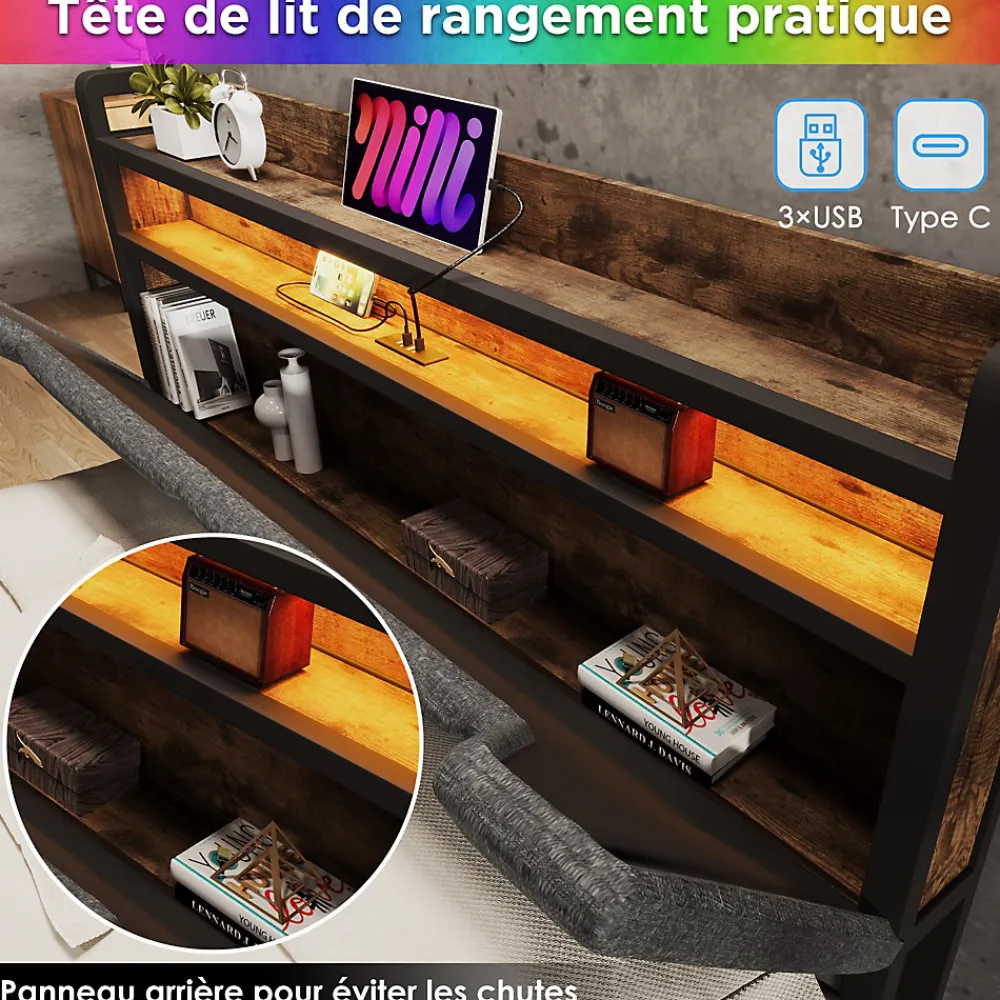 Lit avec rangement 140x200 cm - Lit double rembourré avec tiroirs et fonction de chargement USB - Lin - Sans Matelas - Gris>Okwish Best