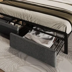Lit avec rangement 140x200 cm - Lit double rembourré avec tiroirs et fonction de chargement USB - Lin - Sans Matelas - Gris><noscript><img width=