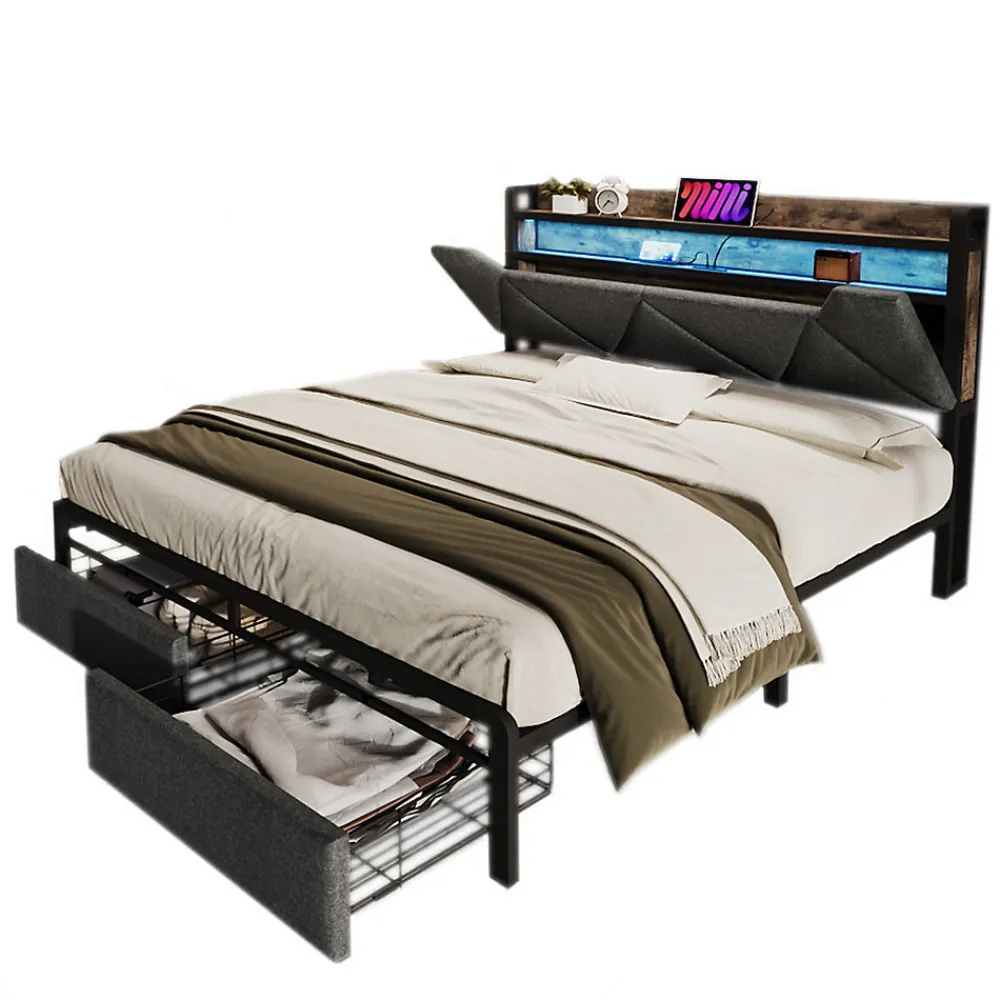 Lit avec rangement 140x200 cm - Lit double rembourré avec tiroirs et fonction de chargement USB - Lin - Sans Matelas - Gris>Okwish Best