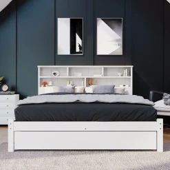 Okwish Lit avec rangement 140x200 cm - Lit double avec tiroirs et tête de lit - Pin massif + MDF - Sans Matelas - Blanc* Lit Avec Rangement