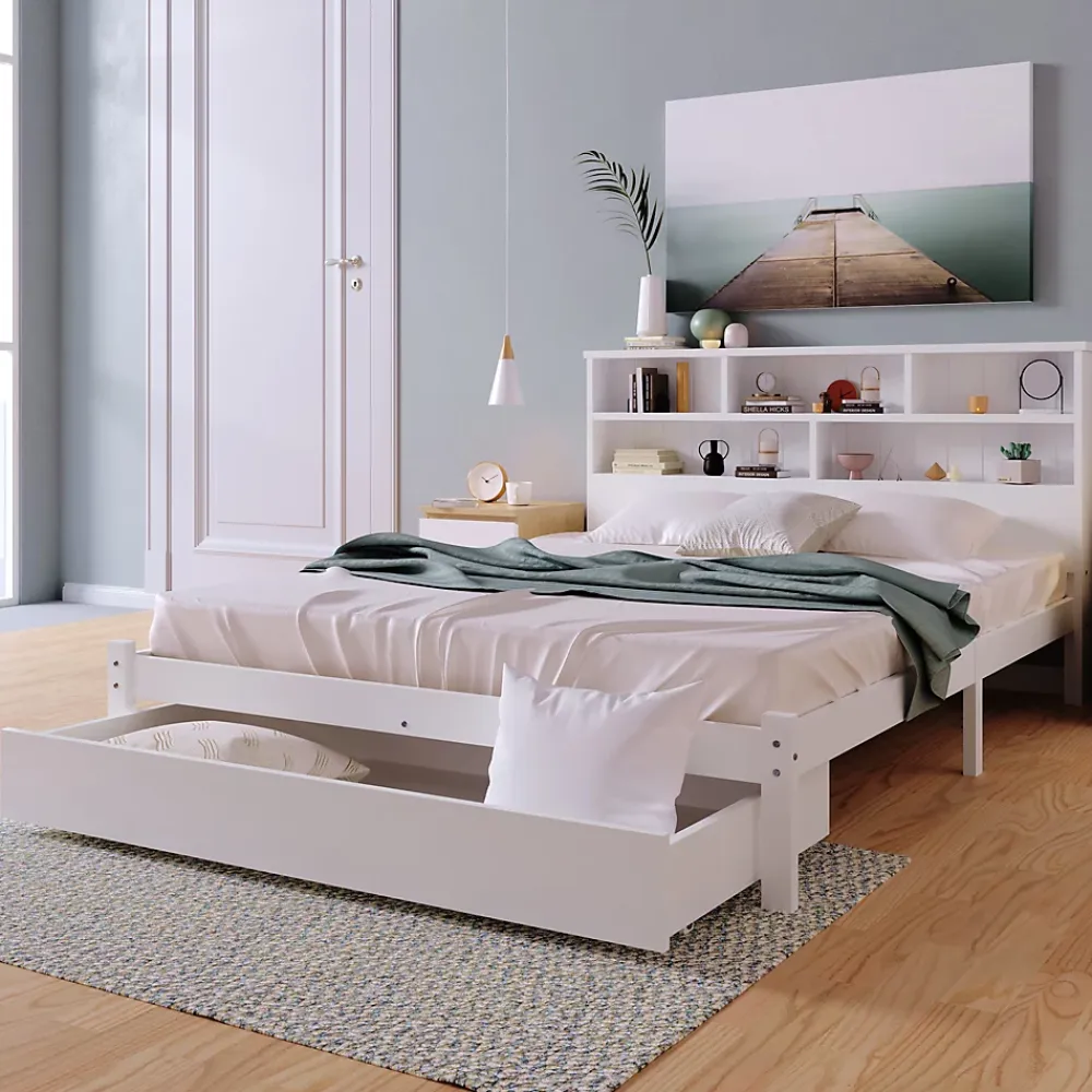 Okwish Lit avec rangement 140x200 cm - Lit double avec tiroirs et tête de lit - Pin massif + MDF - Sans Matelas - Blanc* Lit Avec Rangement