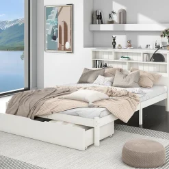 Okwish Lit avec rangement 140x200 cm - Lit double avec tiroirs et tête de lit - Pin massif + MDF - Sans Matelas - Blanc* Lit Avec Rangement