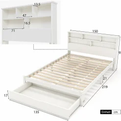 Okwish Lit avec rangement 140x200 cm - Lit double avec tiroirs et tête de lit - Pin massif + MDF - Sans Matelas - Blanc* Lit Avec Rangement