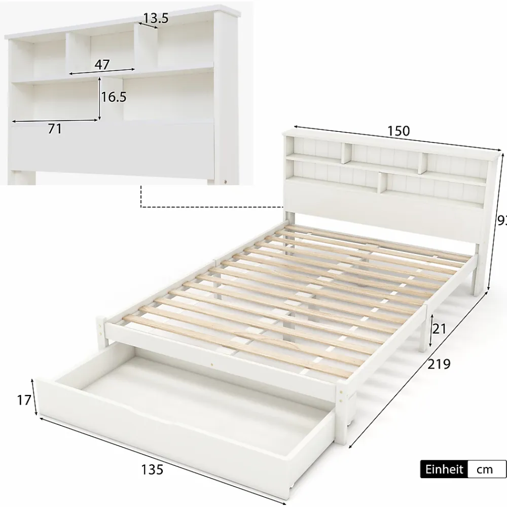 Okwish Lit avec rangement 140x200 cm - Lit double avec tiroirs et tête de lit - Pin massif + MDF - Sans Matelas - Blanc* Lit Avec Rangement