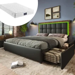 Okwish Lit avec Rangement 140x200 cm - Lit Double Capitonné avec 4 Tiroirs, Bandeau LED et Tête Réglable, Matelas Inclus, PU, Noir* Ensemble Sommier Et Matelas