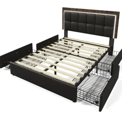 Okwish Lit avec Rangement 140x200 cm - Lit Double Capitonné avec 4 Tiroirs, Bandeau LED et Tête Réglable, Matelas Inclus, PU, Noir* Ensemble Sommier Et Matelas