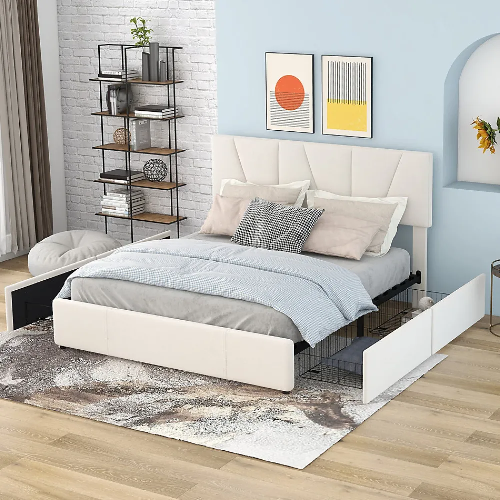 Lit avec rangement 140x200 cm - Lit rembourré avec tête de lit réglable et 4 tiroirs - Velours - Sans matelas - Beige>Okwish Sale