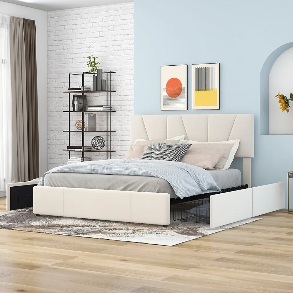 Lit avec rangement 140x200 cm - Lit rembourré avec tête de lit réglable et 4 tiroirs - Velours - Sans matelas - Beige>Okwish Sale