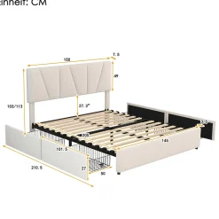 Lit avec rangement 140x200 cm - Lit rembourré avec tête de lit réglable et 4 tiroirs - Velours - Sans matelas - Beige><noscript><img width=