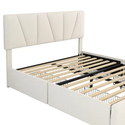 Lit avec rangement 140x200 cm - Lit rembourré avec tête de lit réglable et 4 tiroirs - Velours - Sans matelas - Beige><noscript><img width=