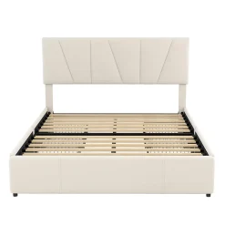 Lit avec rangement 140x200 cm - Lit rembourré avec tête de lit réglable et 4 tiroirs - Velours - Sans matelas - Beige><noscript><img width=