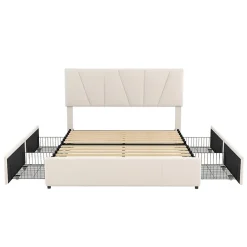 Lit avec rangement 140x200 cm - Lit rembourré avec tête de lit réglable et 4 tiroirs - Velours - Sans matelas - Beige><noscript><img width=