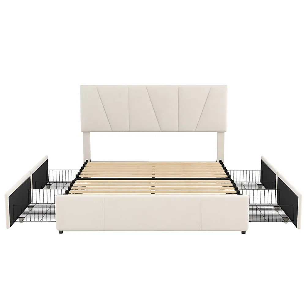 Lit avec rangement 140x200 cm - Lit rembourré avec tête de lit réglable et 4 tiroirs - Velours - Sans matelas - Beige>Okwish Sale