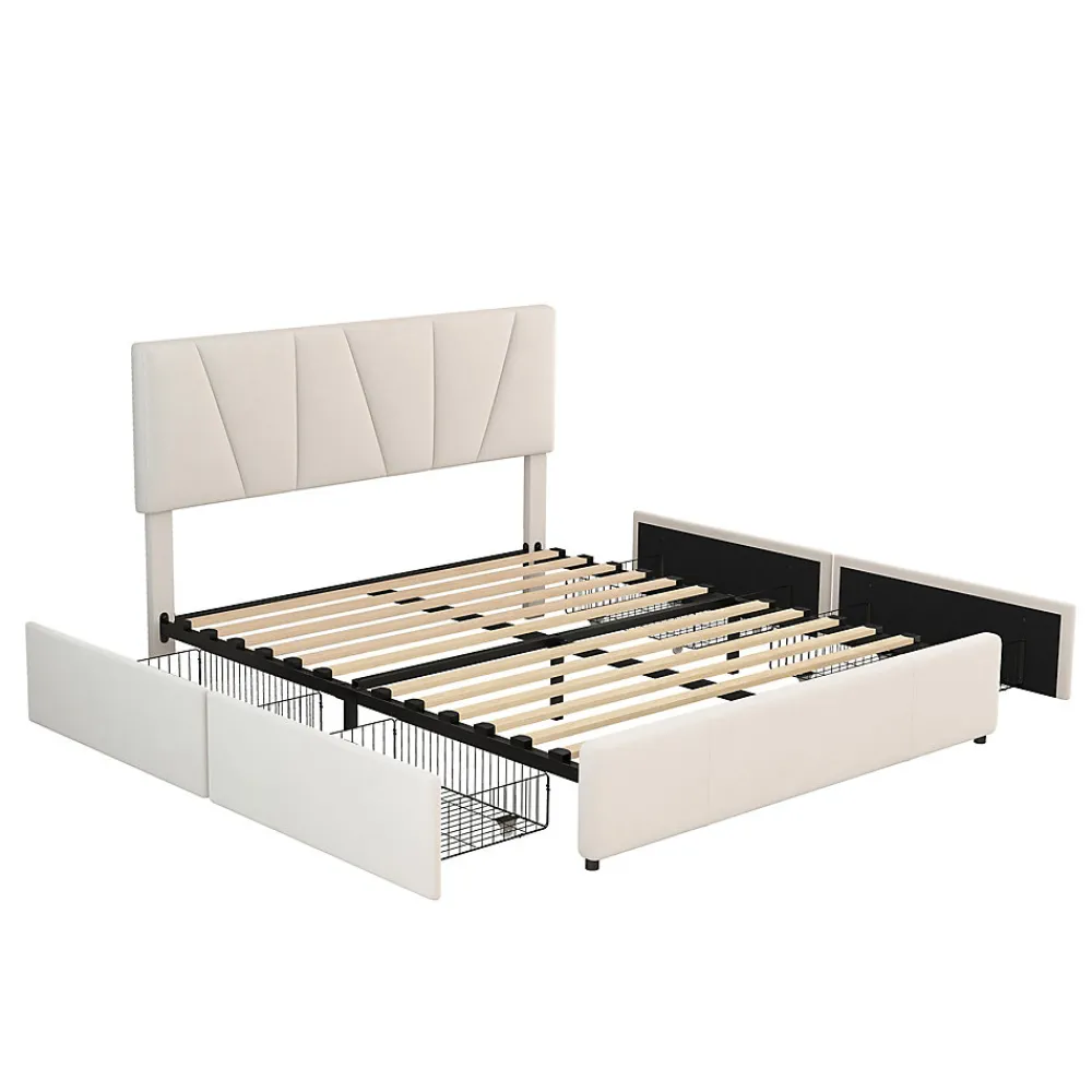 Lit avec rangement 140x200 cm - Lit rembourré avec tête de lit réglable et 4 tiroirs - Velours - Sans matelas - Beige>Okwish Sale