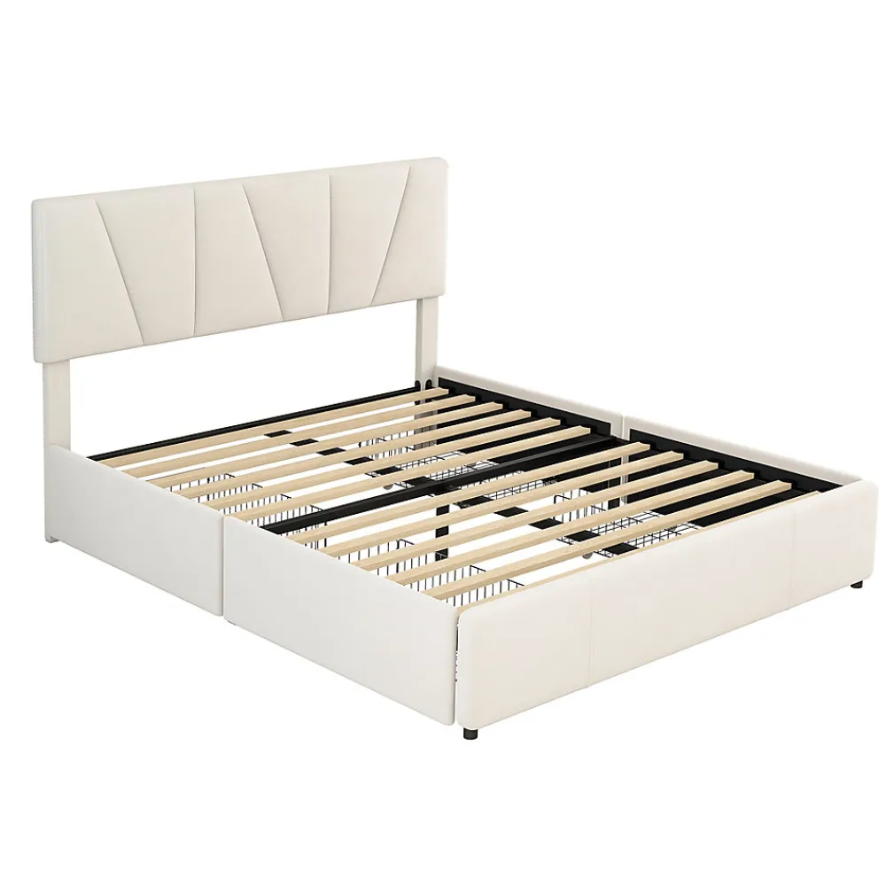 Lit avec rangement 140x200 cm - Lit rembourré avec tête de lit réglable et 4 tiroirs - Velours - Sans matelas - Beige>Okwish Sale