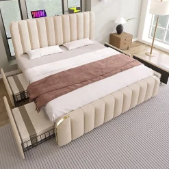Lit avec rangement 180x200 cm - Lit double rembourré avec fonction USB Type-C et 4 tiroirs - Lin - Sans Matelas - Beige>Okwish Online