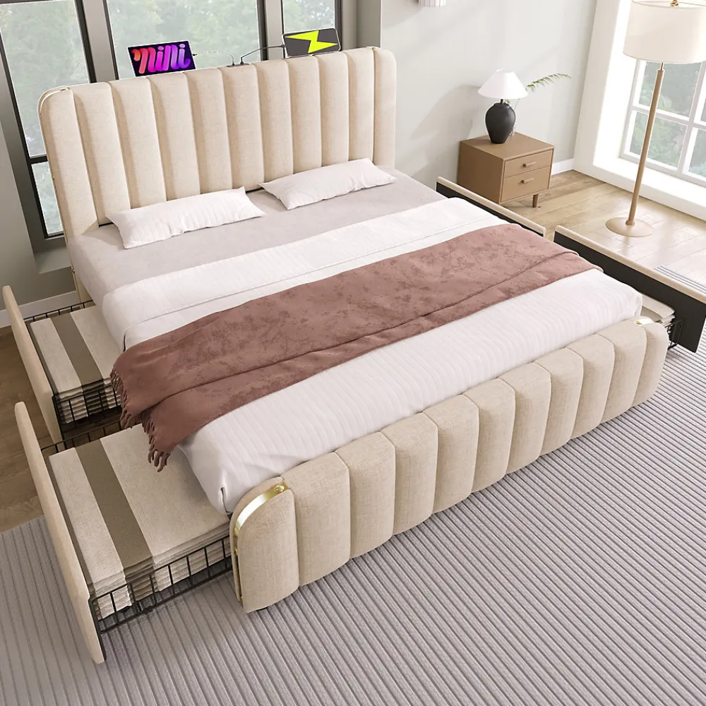 Lit avec rangement 180x200 cm - Lit double rembourré avec fonction USB Type-C et 4 tiroirs - Lin - Sans Matelas - Beige>Okwish Online