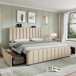 Lit avec rangement 180x200 cm - Lit double rembourré avec fonction USB Type-C et 4 tiroirs - Lin - Sans Matelas - Beige><noscript><img width=