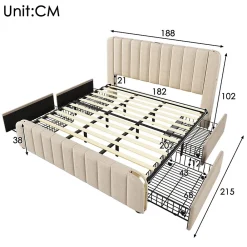 Lit avec rangement 180x200 cm - Lit double rembourré avec fonction USB Type-C et 4 tiroirs - Lin - Sans Matelas - Beige><noscript><img width=