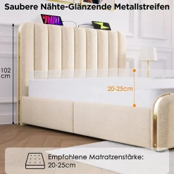 Lit avec rangement 180x200 cm - Lit double rembourré avec fonction USB Type-C et 4 tiroirs - Lin - Sans Matelas - Beige><noscript><img width=