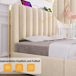 Lit avec rangement 180x200 cm - Lit double rembourré avec fonction USB Type-C et 4 tiroirs - Lin - Sans Matelas - Beige><noscript><img width=