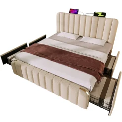 Lit avec rangement 180x200 cm - Lit double rembourré avec fonction USB Type-C et 4 tiroirs - Lin - Sans Matelas - Beige><noscript><img width=