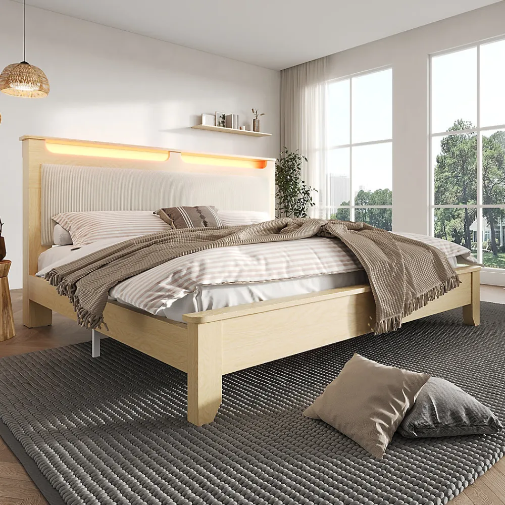 Okwish Lit avec Rangement 160x200 cm - Lit Double en Bois avec Velours Côtelé et LED - Sans Matelas - Chêne Clair et Beige* Lit Avec Rangement