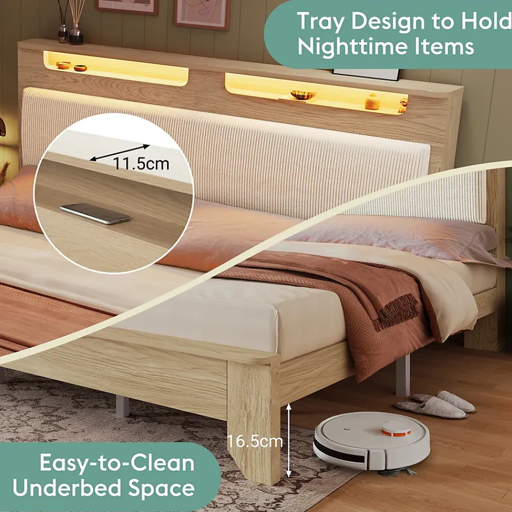 Okwish Lit avec Rangement 160x200 cm - Lit Double en Bois avec Velours Côtelé et LED - Sans Matelas - Chêne Clair et Beige* Lit Avec Rangement