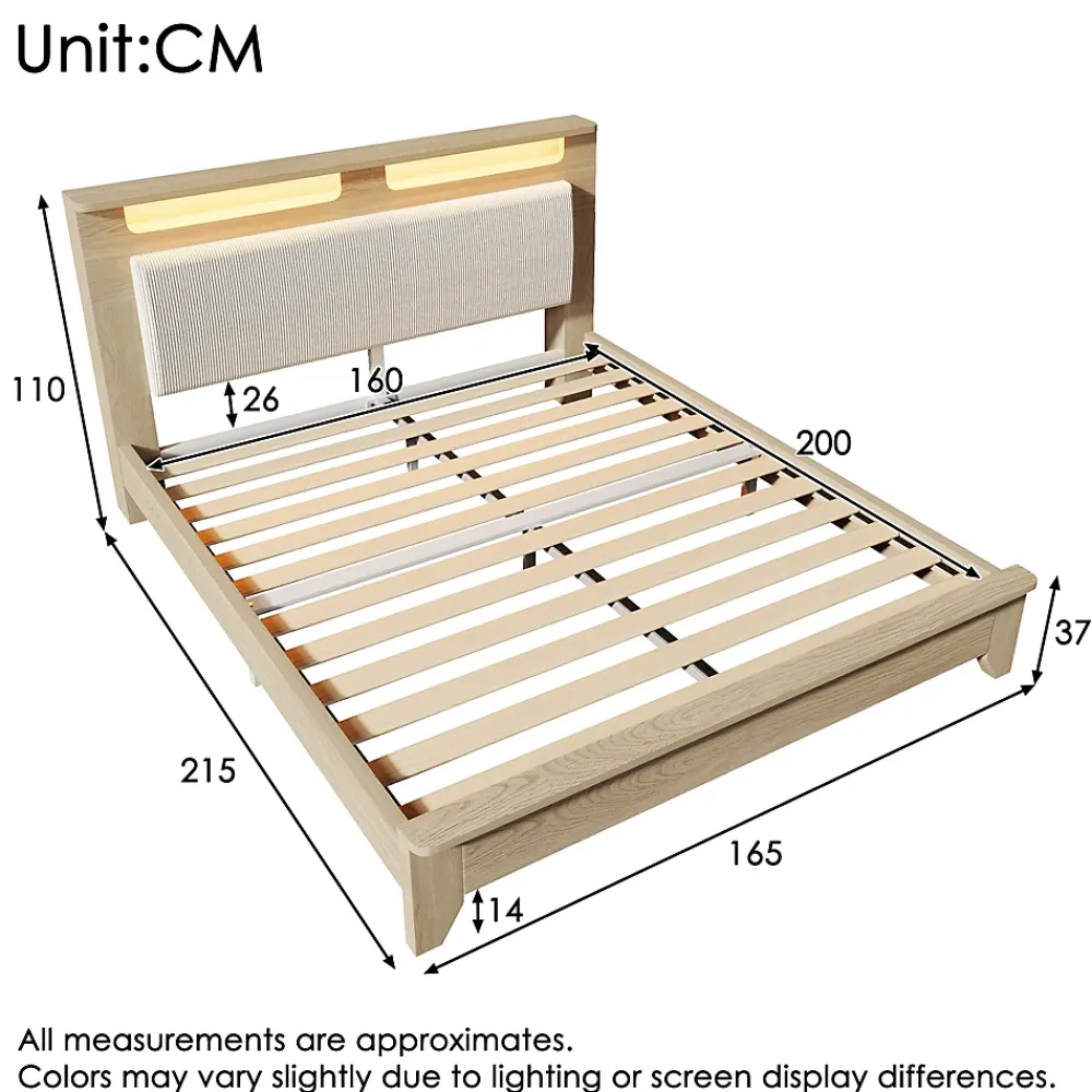 Okwish Lit avec Rangement 160x200 cm - Lit Double en Bois avec Velours Côtelé et LED - Sans Matelas - Chêne Clair et Beige* Lit Avec Rangement