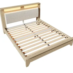 Okwish Lit avec Rangement 160x200 cm - Lit Double en Bois avec Velours Côtelé et LED - Sans Matelas - Chêne Clair et Beige* Lit Avec Rangement