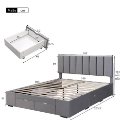Okwish Lit avec rangement 160x200 cm - Lit Double Capitonné avec 4 Tiroirs - Velours - Sans Matelas - Gris* Lit Avec Rangement