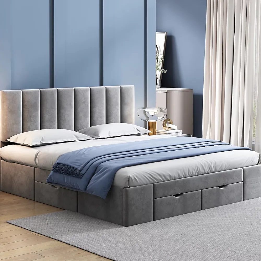 Okwish Lit avec rangement 160x200 cm - Lit Double Capitonné avec 4 Tiroirs - Velours - Sans Matelas - Gris* Lit Avec Rangement