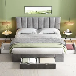 Okwish Lit avec rangement 160x200 cm - Lit Double Capitonné avec 4 Tiroirs - Velours - Sans Matelas - Gris* Lit Avec Rangement
