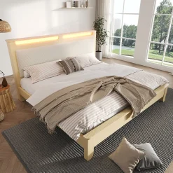 Lit avec Rangement 140x200 cm - Lit Double avec LED et Velours Côtelé, Sans Matelas - Beige et Chêne Clair>Okwish Outlet