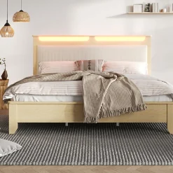 Lit avec Rangement 140x200 cm - Lit Double avec LED et Velours Côtelé, Sans Matelas - Beige et Chêne Clair>Okwish Outlet