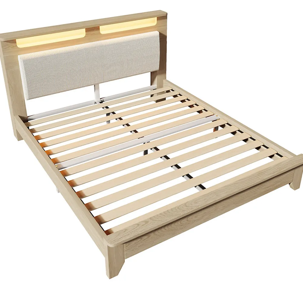 Lit avec Rangement 140x200 cm - Lit Double avec LED et Velours Côtelé, Sans Matelas - Beige et Chêne Clair>Okwish Outlet