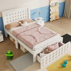 Lit avec rangement 90x200 cm - Lit simple avec tiroirs intégrés et design créatif - en MDF et bois massif - Blanc - Sans matelas>Okwish Hot