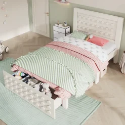 Lit avec rangement 90x200 cm - Lit simple avec tiroirs intégrés et design créatif - en MDF et bois massif - Blanc - Sans matelas><noscript><img width=