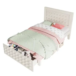 Lit avec rangement 90x200 cm - Lit simple avec tiroirs intégrés et design créatif - en MDF et bois massif - Blanc - Sans matelas><noscript><img width=