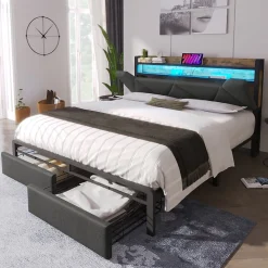 Lit avec rangement 160x200 cm - Lit double rembourré avec tiroirs et fonction de chargement USB - Lin - Sans Matelas - Gris>Okwish Discount