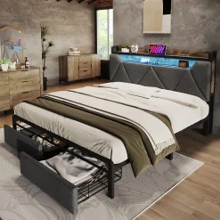 Lit avec rangement 160x200 cm - Lit double rembourré avec tiroirs et fonction de chargement USB - Lin - Sans Matelas - Gris><noscript><img width=